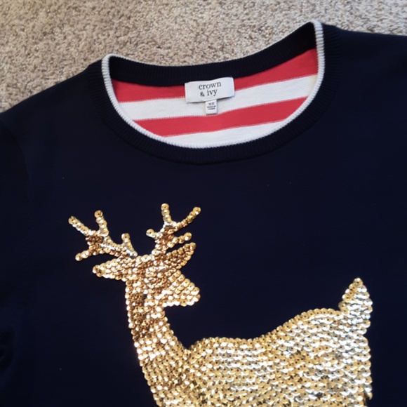 Navy Red & White Lightweight Holiday Sweater Gold Sequined Reindeer Sz XS - Picture 2 of 12